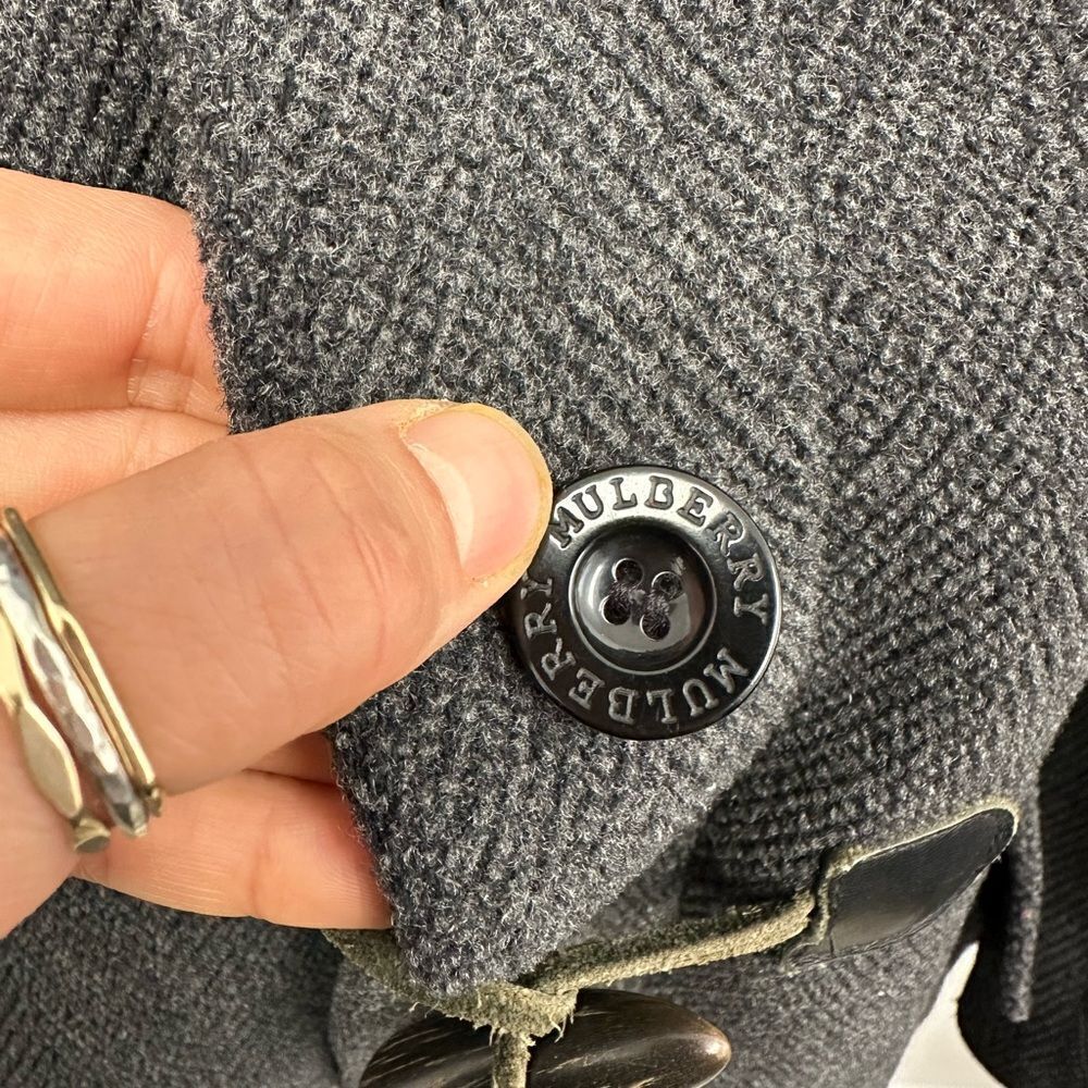 Vintage Mulberry London 90's Gray Wool Herringbone Hooded Toggle Pea Coat Size M - Picture 8 of 13